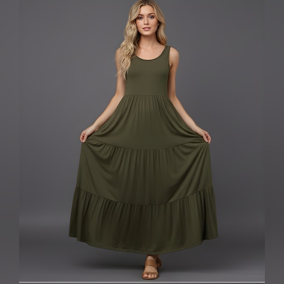 Ruffle Hem Smock Maxi Dress Army Green - Picture 3 of 9